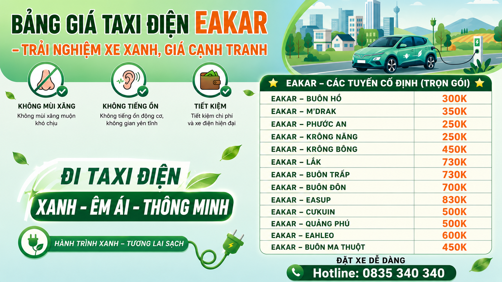 Taxi Điện Eakar Xe Đời Mới, Không Mùi, Gọi Là Có - Hotline 0835 340 340