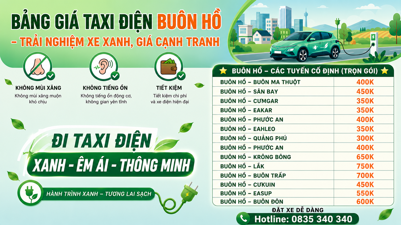 Taxi Điện Buôn Hồ Gọi 0835 340 340 Là Có, Giá Cực Rẻ